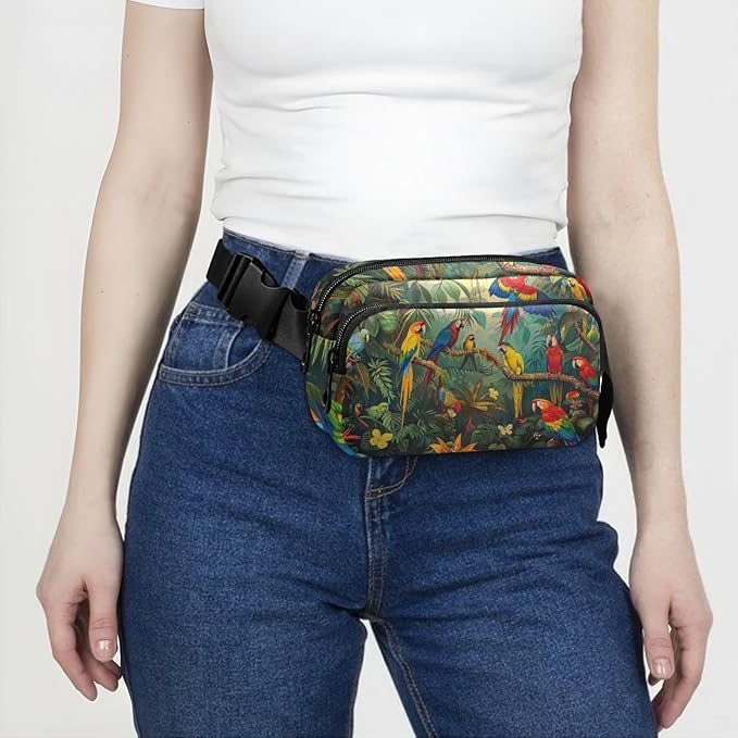 Tropical Forest Parrot Fanny Pack for Women Men Water Resistant Fashion Waist Packs with Adjustable Strap Belt Bag for Travel Workout Jogging Hiking 21220473
