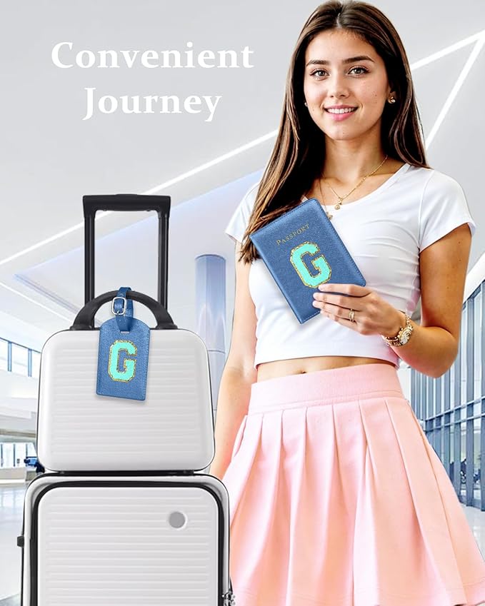 Slohif Passport Holder Initial Lugguage Tag Set Suitcase Cover Wallet Case for Travel Women - Leather Letter Passport Book Personalized Organizer Card Protector Sleeve Essentials Slim Carrier Blue G