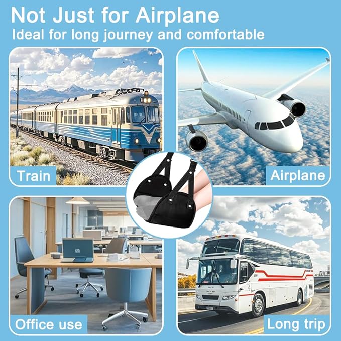 2 Pack Airplane Travel Footrest Hammocks, Adjustable, Black, Memory Foam, Foot Hammock for Airplane Travel