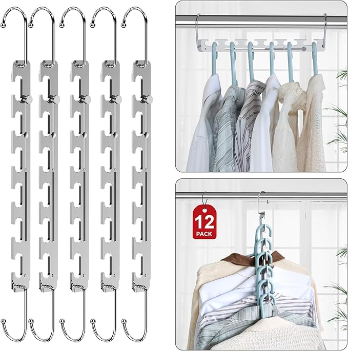 Sindax Space Saving Hangers Telescopic, 6 Holes Clothes Hangers Adjustment to 9 Holes, Upgraded Sturdy Metal Clothes Hangers Space Saving for Heavy Clothes, Closet Organizers and Storage - 12 Pack
