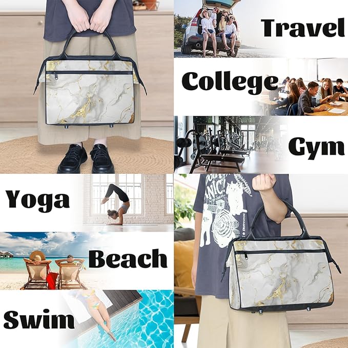 Overnight Weekender Bags for Women Men, White Gold Marble Print Waterproof Travel Carry On Duffel Bag, Lightweight Sports Gym Bag for Fitness, Workout, Travel