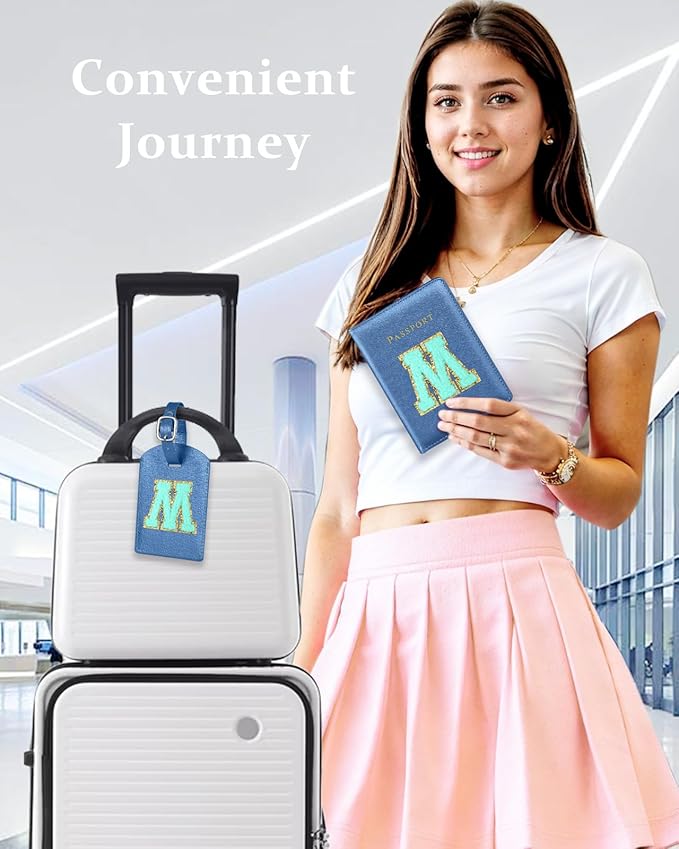 Slohif Passport Holder Initial Lugguage Tag Set Suitcase Cover Wallet Case for Travel Women - Leather Letter Passport Book Personalized Organizer Card Protector Sleeve Essentials Slim Carrier Blue M