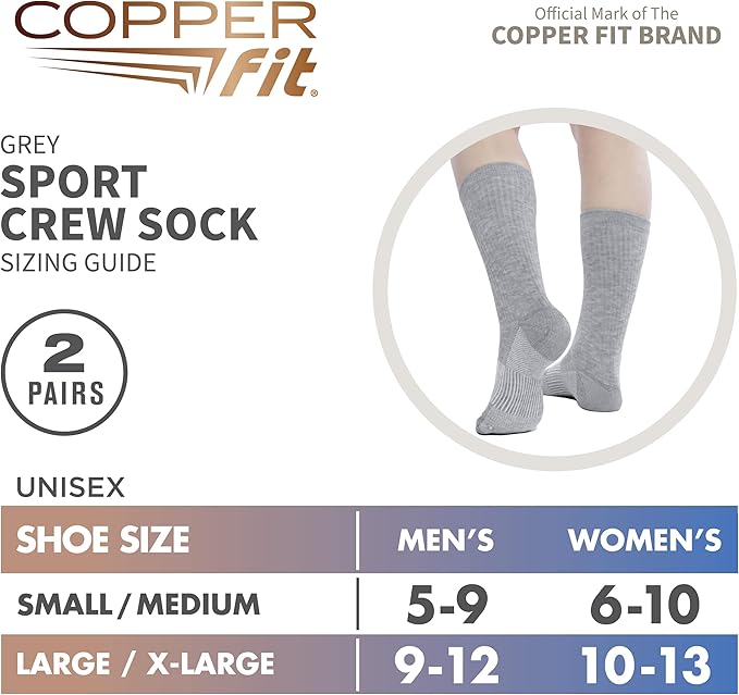 Copper Fit Unisex Crew Length Sport Socks, 2 Pair