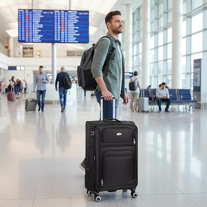 26" Luggage Softside Expandable 15% Checked Luggage with Double Spinner Wheels Combination LOCK,Lightweight Travel Suitcase for Men/Women(Black,26in)