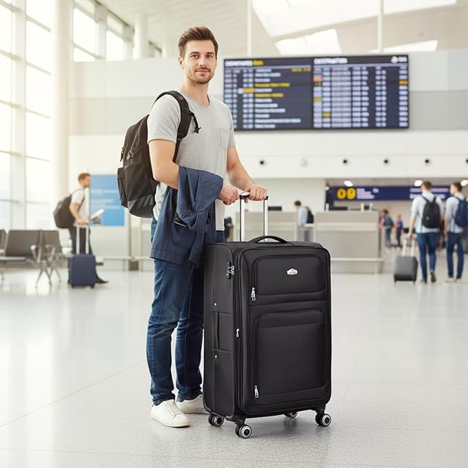 30'' Large Softside Suitcase,Expandable 15% Luggage,w/Double Spinner Wheels w/Combination LOCK,Lightweight Travel Suitcase for Travel(Black,30in)
