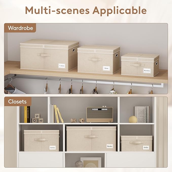 Lifewit Clothes Storage Bins with Lids, Fabric Foldable Storage Boxes with Handles, Decorative Closet Organizer, Stackable Cube Baskets Container for Bedroom, Office, 34.5L Large Beige, 2 Packs
