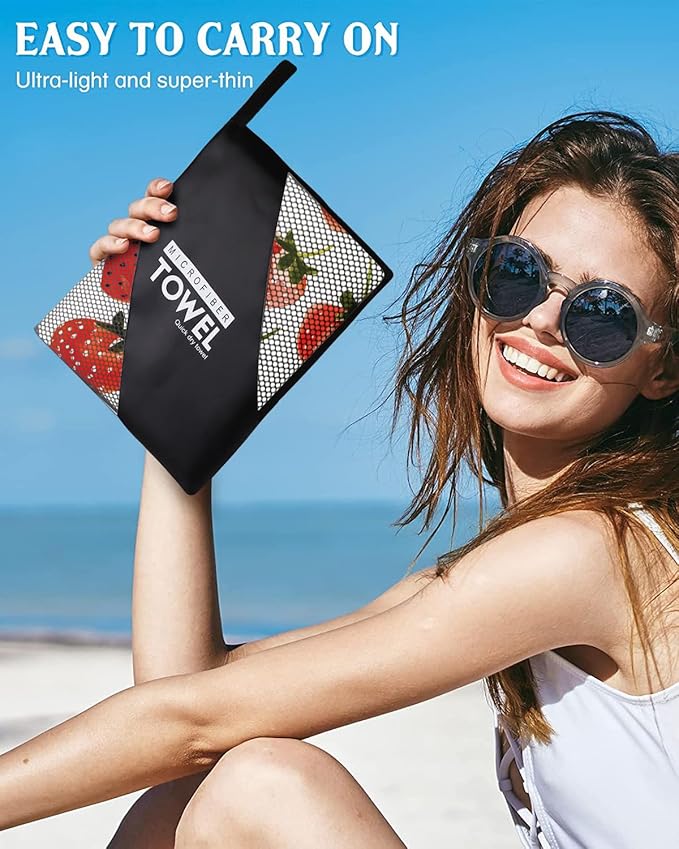 Strawberries Pattern Beach Towel Extra Large 36" x 72", Thin Lightweight Microfiber Towels with Fruit Design, Sand Free and Quick Dry, Compact Bag