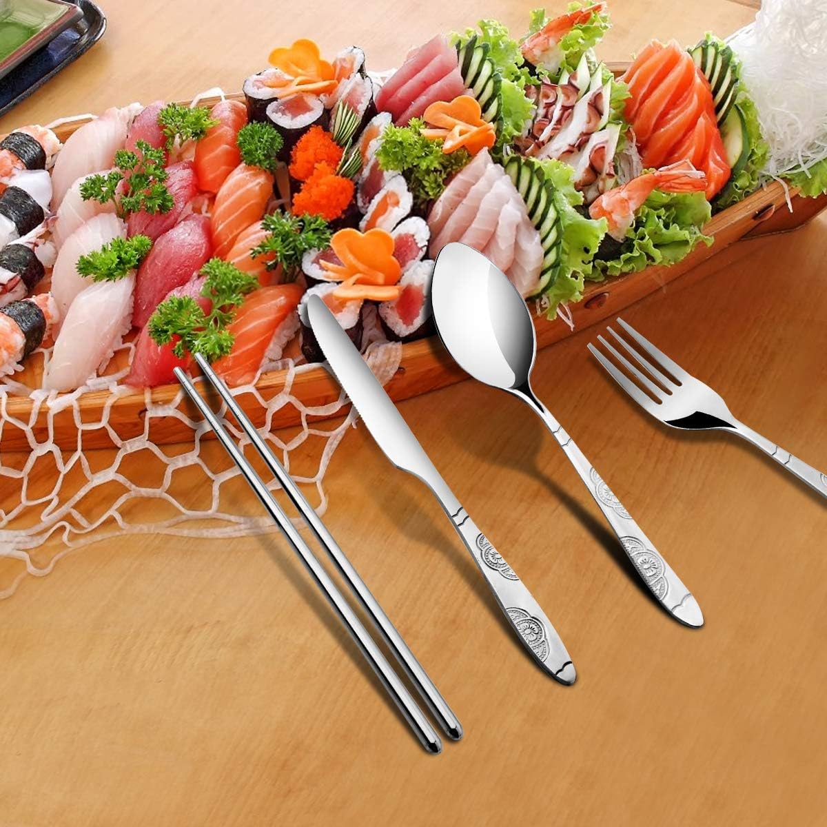 3 Pack Reusable Flatware Sets Knife, Fork, Spoon, Chopsticks, 12Pcs Portable Travel Stainless Steel Tableware Dinnerware with Carrying Case