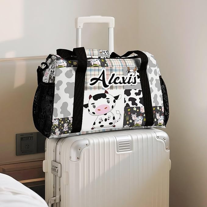 Personalized Name Sports Player Duffel Bags with Adjustable Shoulder Strap for Shoes Silver Gray Patchwork Cow Pattern Handheld Crossbody Travel Bag