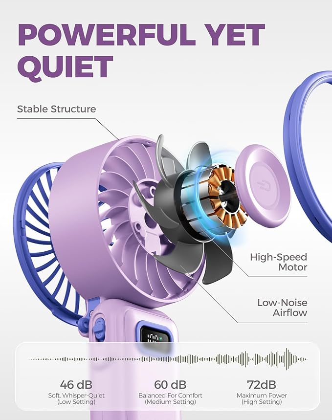 Diveblues Portable Turbo Fan, 7.4m/s High Speed Handheld Fan, 180° Foldable 4-in-1 Personal Neck Fan with Carabiner Clip, 100 Speed Stepless Control, USB-C Rechargeable for Travel, Makeup Hot Flashes