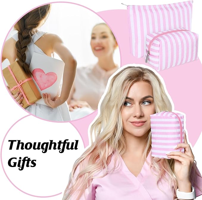 2 Pcs Makeup Bag Set Cute Cosmetic Pouch for Women Seersucker Travel Toiletry Bag Preppy Small Makeup Purse Pouch Aesthetic Skincare Brushes Storage Organizer for Valentine Women(Pink Wide)