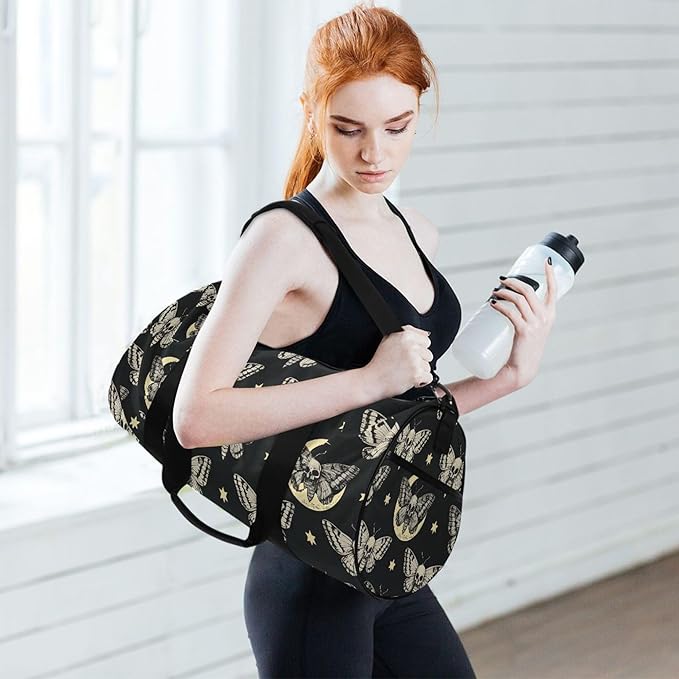 MNSRUU Sports Duffel Bags, Gothic Moth Star Athletic Gym Bag Overnight Workout Travel Tote Luggage for Men Women Yoga