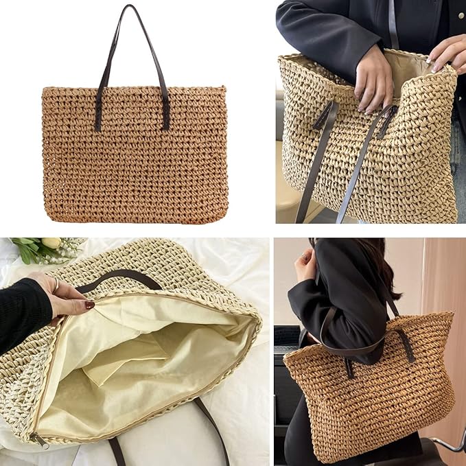 Large Straw Beach Bag for Womens, Straw Handbag Woven Tote Bag With Zipper Summer Shoulder Bag