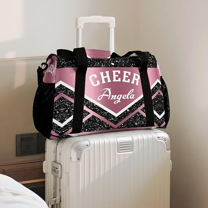 Cheer Pink Black Stripes Sequin Print Waterproof Duffel Bag, Adjustable Shoulder Strap Pack, Perform Training Travel Bag for Teens Adults Women Men