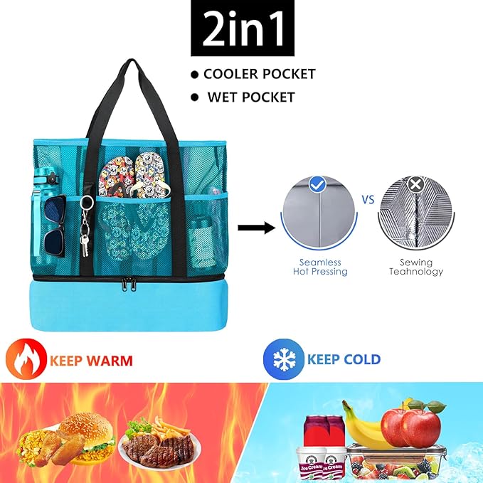 Beach Bag with Cooler,Mesh Beach Bags for Women Sandproof for Pool and Swimming Travel Daily with Durable 8 Pocket