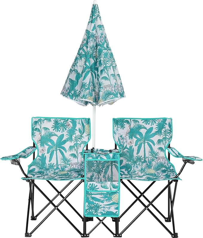 Double Folding Camping Chair W/Umbrella Fold Up Table Beverage Holder Carrying Bag Cooler for Patio Pool Park Outdoor Beach, Picnic, Portable (Pineapple)