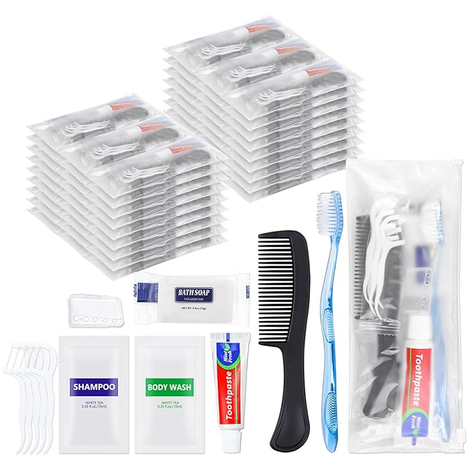 50 Sets Bulk Hygiene Kits for Homeless,Basic Toiletry Kit Homeless Supplies Bulk,Disposable Toothbrushes with Toothpaste and Comb Individually Wrapped,Bath Soap,Shampoo,Body Wash,Floss Pick