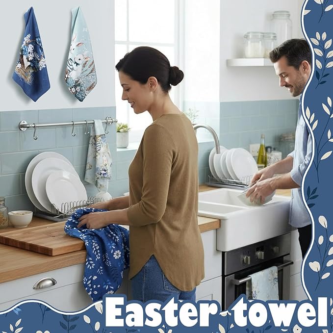 Breling Set of 6 Easter Decorations Easter Kitchen Towels Blue Rabbits Bunny Dish Towel Bathroom Decorative Spring Farmhouse Wild Flowers Hand Cloths for Home Decorations, 14 x 21 Inch