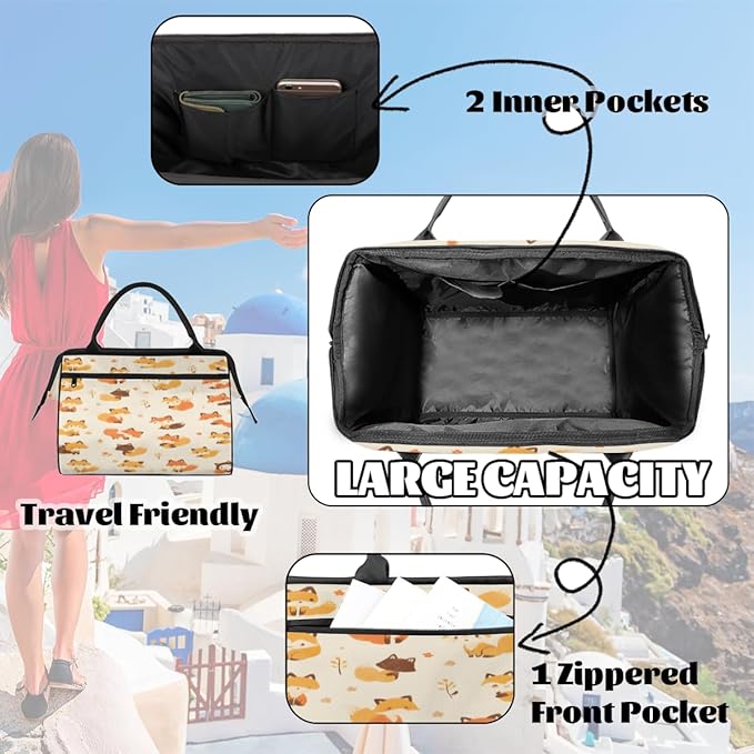 Cute Fox Overnight Weekender Bag for Women Men Travel Duffel Bags Waterproof Luggage Carry on Sports Yoga Gym Bag