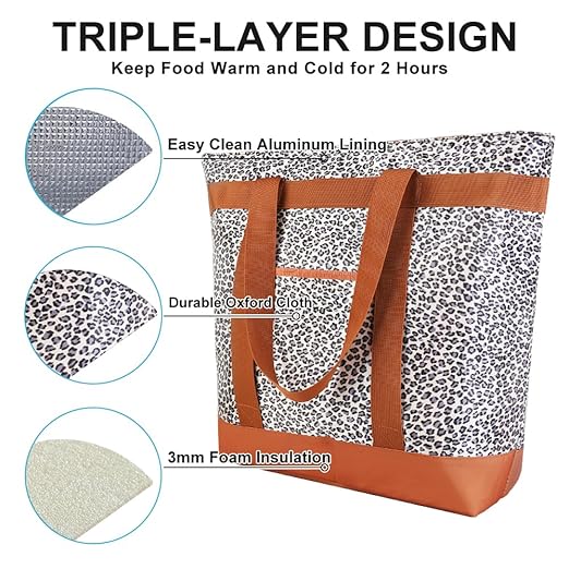CIVJET 2Pk Insulated Reusable Tote Bag for Grocery Shopping for Women/Men, Pizza/Food Delivery Bag to Keep Food Cold/Hot for Professional Catering, Cooler Bags for Travel/Beach/Picnic, Cow Print