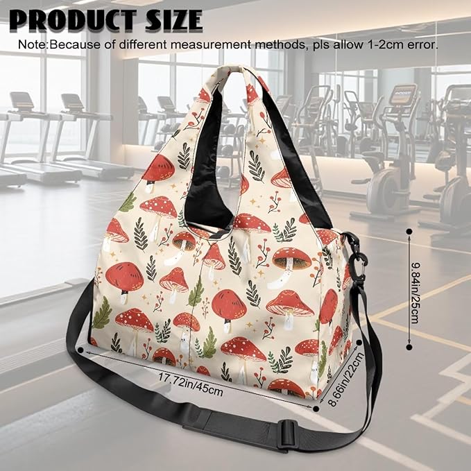 Mushroom Sports Bag with Shoe Compartment and Yoga Mat Holder Red for Women, Portable Gym Bag with Wet Pocket Waterproof Fitness Workout Sports Bag