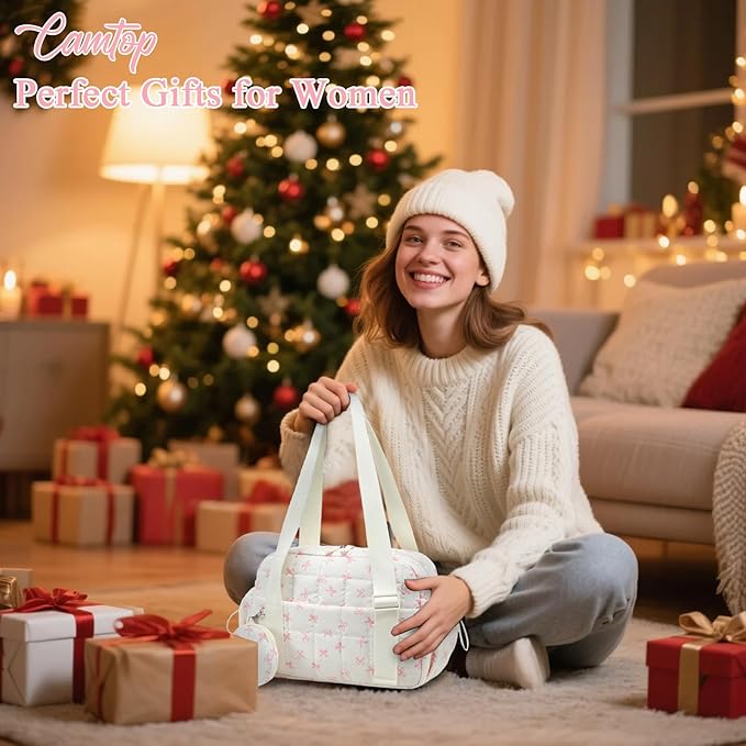 CAMTOP Mini Gym Bag for Women, Small Gym Tote Bag Puffy Quilted Sports Duffel Bag with Wet Compartment and Coin Purse Duffel Bags Dance Yoga Workout Bag for Gifts (Beige Pink Bow, Mini-12.6")