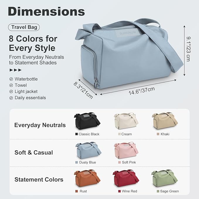 Women's Mini Gym Bag Crossbody, Everyday Sling Duffel with Shoe Compartment & Wet Pocket, Water-Resistant Travel Bag, Dusty Blue