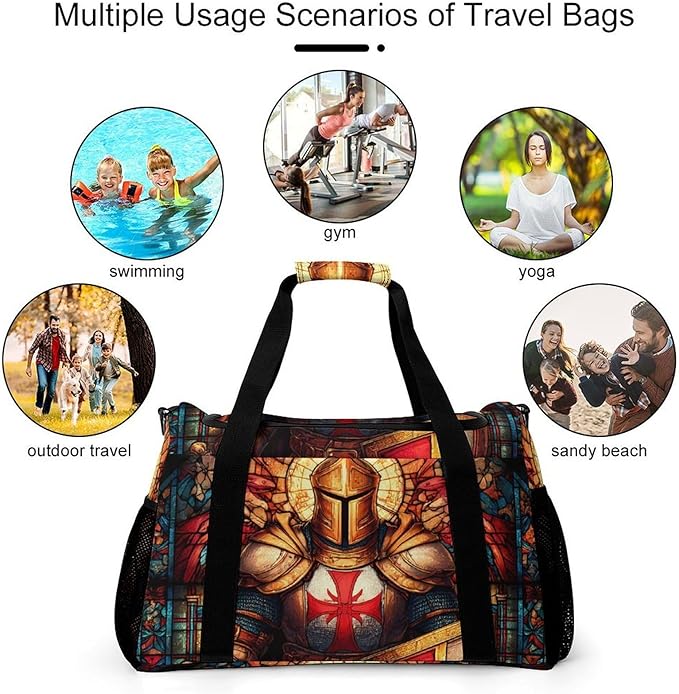 Stained Glass Knights Crusader Duffle Bag Gym Bag for Workout Travel Tote with Detachable Straps
