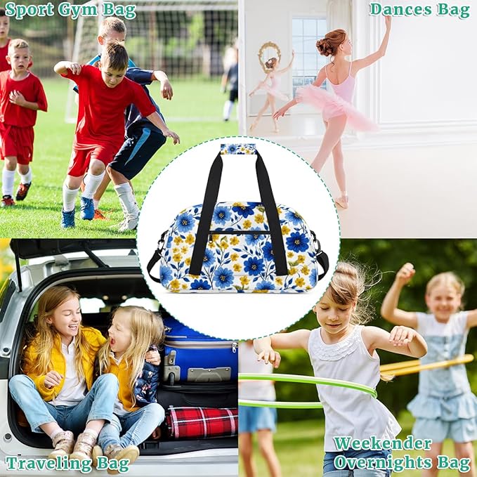 Yellow Blue Flowers Gym Travel Duffle Bag for Women & Men with Front Zipper Pocket for Sports, Overnight, Weekender, Carry On,Workout & Dance Bag,Florals Flower Daisy,18.9 * 8.7 * 10.6 in