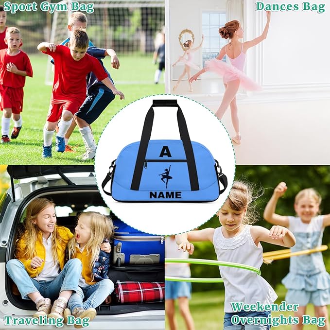 Personalize-Kids-Sports-Duffel-Bags With Custom Name Text Carry-On Overnight Travel Gym Lightweight Dance Pattern Sports Bags For Girls Boys Kids,Blue 1
