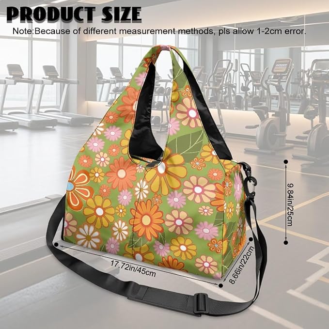 Floral Womens Gym Bag with Yoga Mat Holder and Shoe Compartment, Waterproof Portable Green Sport Tote Bag for Women with Spacious Wet Pockets Gym Bag for Daily Use