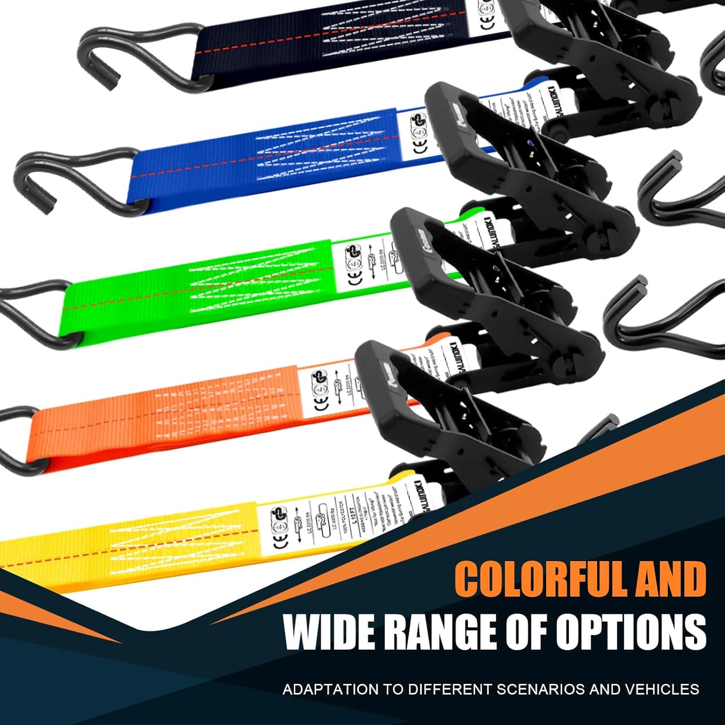 6 Pack 2 inch Ratchet Straps Heavy Duty J Hook 2 in x 15ft with Strong Ratcheting, Cargo Load Tie Down Strap 2200lbs Working Load for Trucks Black