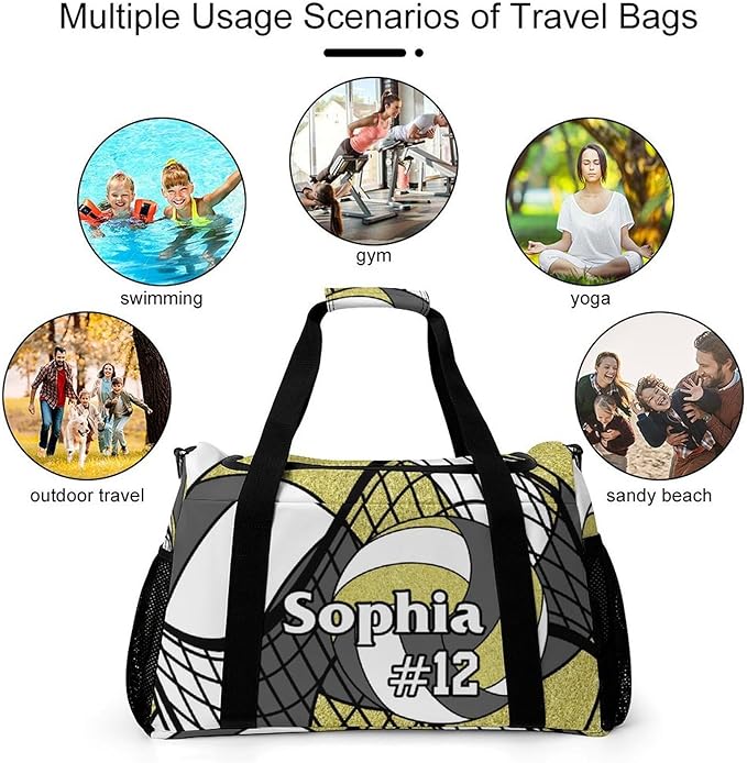 Custom Volleyball Grey Gold Duffel Bag with Name Personalized Travel Bags Sport Gym Bag Carry On Weekender Bags for Men Women