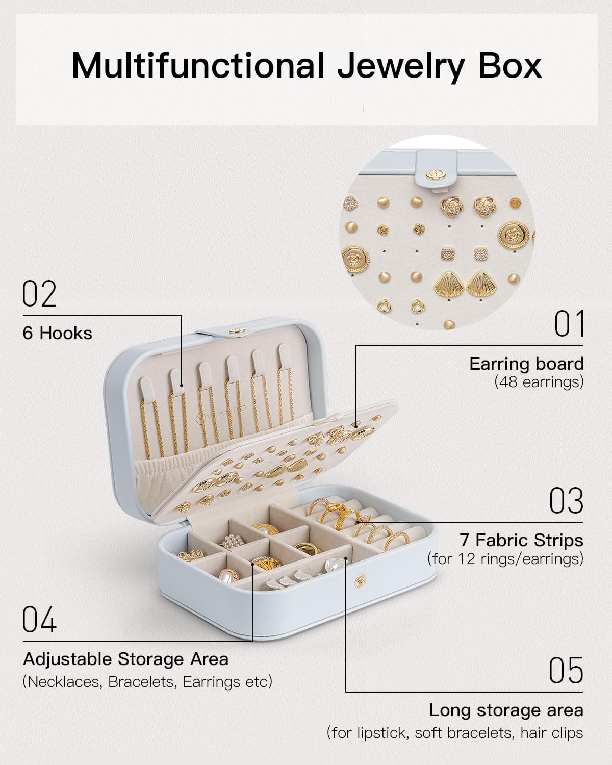 Vlando Travel Jewelry Case, PU Leather Travel Jewelry Box with Earring Holder, Portable Display Mini Jewelry Case for Mothers Day Women Girls Gift - Blue