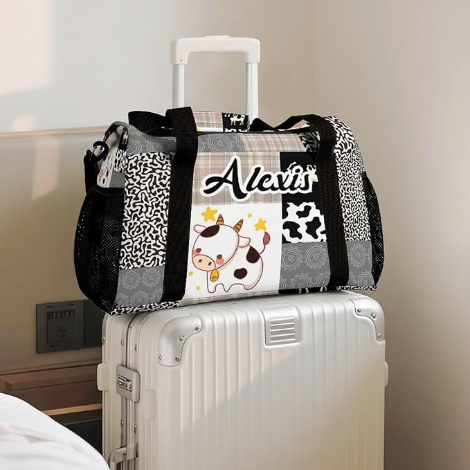 Travel Bag Khaki Gray Plaid Lattice Cow Customized Duffel Bags Weekender Overnight Bag Personalized Gift Adjustable Detachable Shoulder Strap Packs