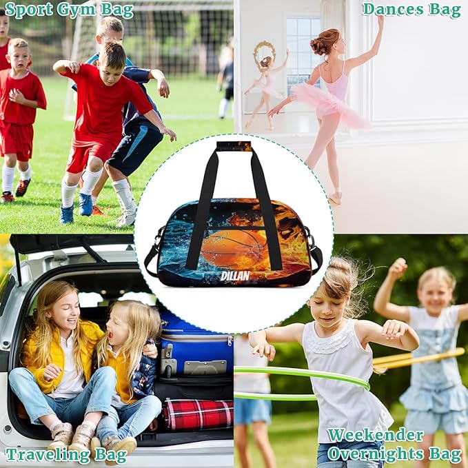Custom Name Sports Bag for Kids Boys, Personalized Gym Duffel Fitness Travel Weekender Tote Carry-On Training Perform Bag Soccer Fire