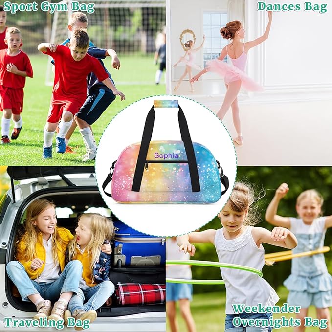 Custom Name Blue Pink Yellow Glitter Girl Gym Travel Duffle Bag with Front Zipper Pocket Personalized Sports Bag for Overnight, Weekender, Carry On,Workout & Dance, 18.9 * 8.7 * 10.6 in