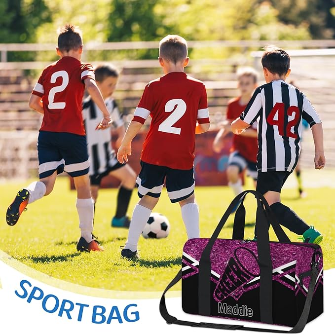 Personalized Travel Bag Cheerleading Team Name, Cheerleader Dance Bag Gym Weekender Bags Sports Tote Duffel Bag, DarkMagenta Purple Glitters