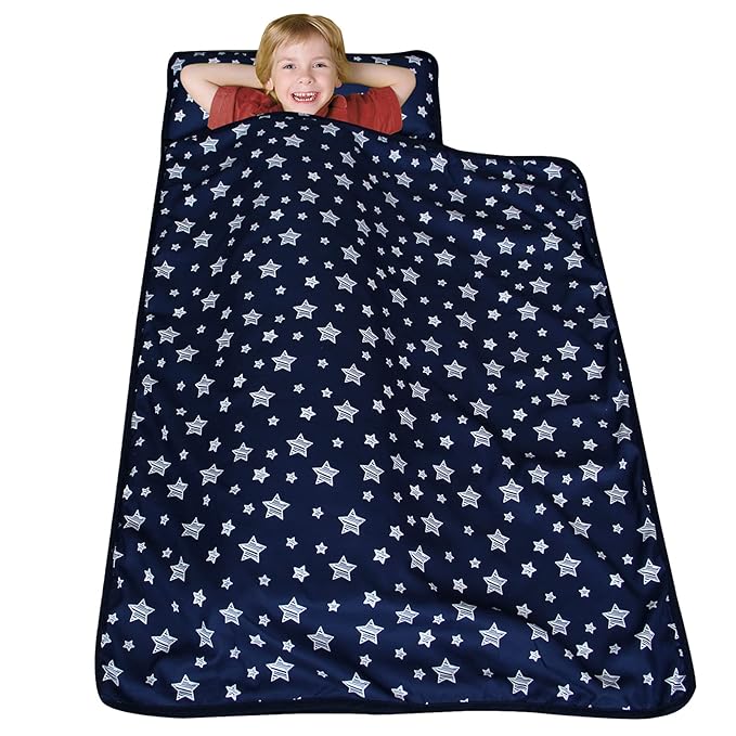 Moonsea Toddler Nap Mat with Pillow and Fleece Minky Blanket Navy, Lightweight and Soft Perfect for Toddlers Preschool, Daycare, Travel Sleeping Bag for Girls, 21" x 50" Fit on a Standard Cot