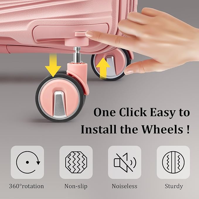 4 Piece Luggage Set PP Hardshell, Expandable Suitcase Set (20/24/28) with 14" Cosmetic Case, Lightweight Spinner Wheels with TSA Lock, Detachable Wheels for Nesting Storage (Pink)