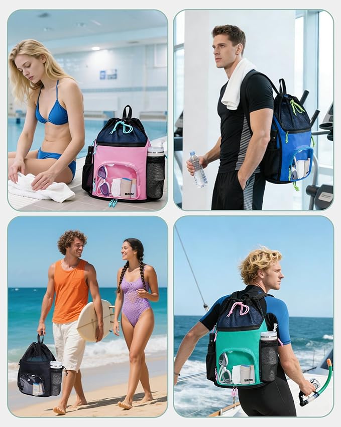 WANDF Swim Bag with Wet Pockets, Sandproof Beach Backpack with 40oz Tumbler Side Pockets, Mesh Drawstring Backpack Swim Bag for Swimming, Pool, Gym and Workout Gear (Pink)
