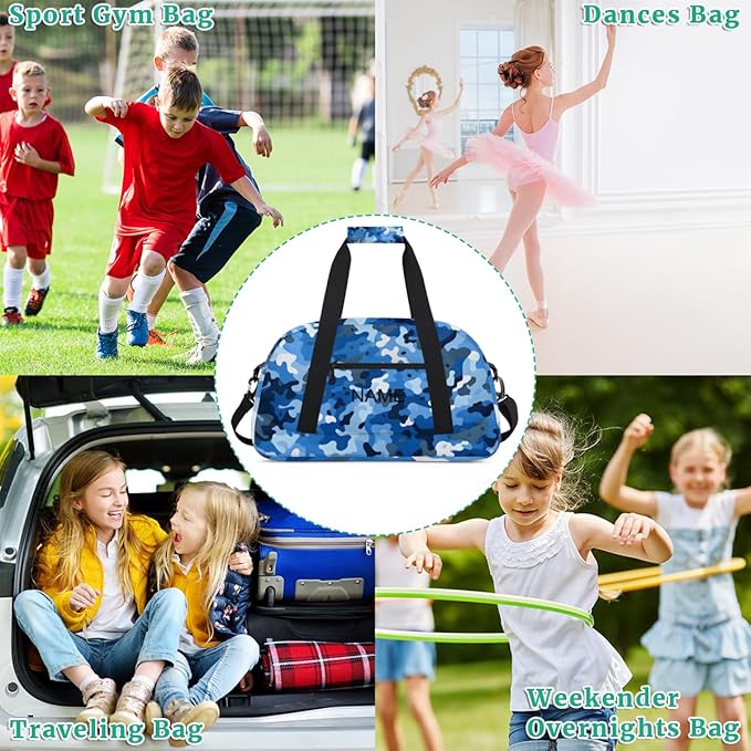Custom Name Blue White Camouflage Boys Gym Travel Duffle Bag with Front Zipper Pocket Personalized Sports Bag for Overnight, Weekender, Carry On, 18.9 * 8.7 * 10.6 in