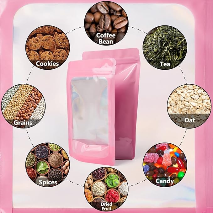 LZLPACKING 100 Pieces resealable Mylar Bags with Clear Front Window,Smell Proof Edible Packaging,Stand up Pouches for Food Storage(Pink/5×8 Inch/12.7 x 20.3cm)