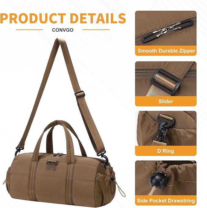 20L Gym Bag for Women, Medium Sport Duffel Bag with Yoga Mat Strap,Wet Pocket, Water-Resistant Adjustable Strap for Gym Yoga, Brown