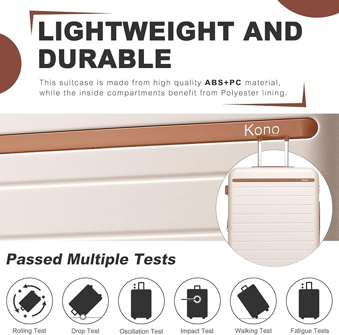 Kono 24 Inch Check In Suitcase Expandable Luggage, Business Travel Suitcase for 5-7 Days, Durable ABS+PC Hardshell with Side Handles & Kick Plates, Double Spinner Silent Wheels, Cream/Brown