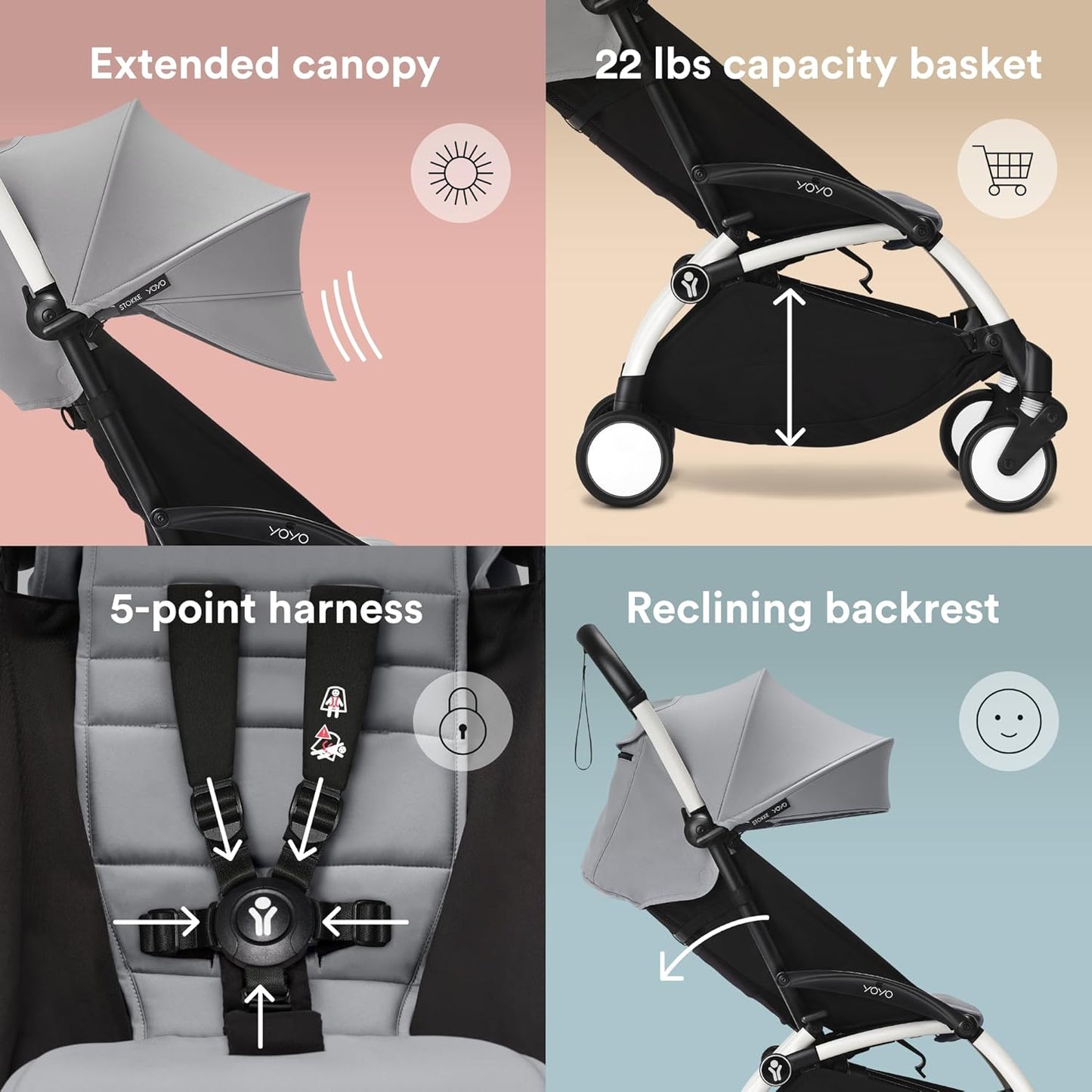 Stokke YOYO3 Stroller from 6 Months - Includes White Frame/Stone Seat Cushion + Canopy - Folds in & Out in a Flash - Light & Compact - Carry-On Compatible