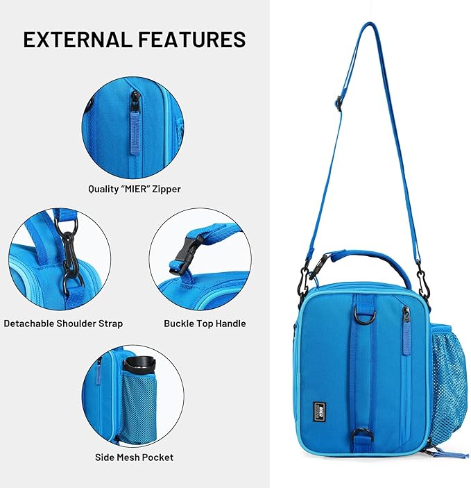 MIER Expandable Lunch Bag Insulated Lunch Box for Men to Work Travel Portable Lunchbox Bags with Shoulder Strap and Water Bottle Holder,Light Blue