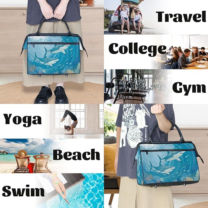 Shark Underwater Fish Travel Duffel Bag, Waterproof Sports Gym Duffle Bag, Large Capacity Weekender Carry On Overnight Bags for Women Men