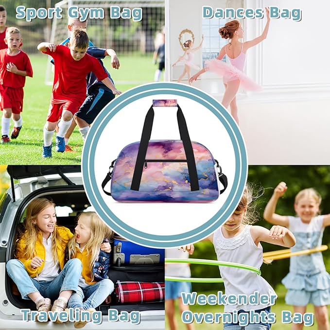 Duffle Bag for Women Men, Purple Blue Gold Marble Gym Bag for Travel Sports, Lightweight Waterproof Weekender Overnight Bags with Adjustable Strap