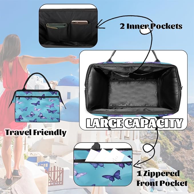 Purple Butterfly Overnight Weekender Bag for Women Men Travel Duffel Bags Waterproof Luggage Carry on Sports Yoga Gym Bag